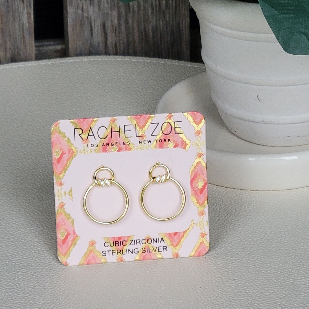 Rachel Zoe gold sterling silver open drop earrings with clear cz stones